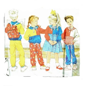 May include: Four children wearing colorful clothing stand together. The child on the left is wearing a yellow and red jacket with a backpack, yellow pants, and white shoes. The child in the middle is wearing a yellow, blue, and red jacket, red pants with white stars, and white shoes. The child on the right is wearing a blue and red striped dress, white shoes, and a crown. The child on the far right is wearing a red and white striped jacket, blue pants, and white shoes.
