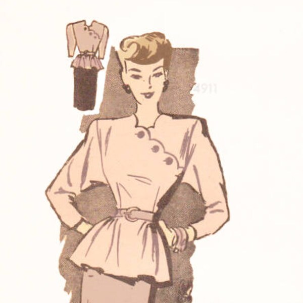 Vintage 1950s Sewing Pattern Mail Order 4911 Women's Scalloped Collar Peplum Blouse With Pencil Skirt