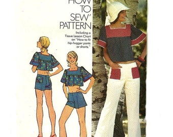Misses' 1970s Simplicity 6280 Midriff Top In Two Lengths, Low Rise Pants And Shorts Sewing Pattern