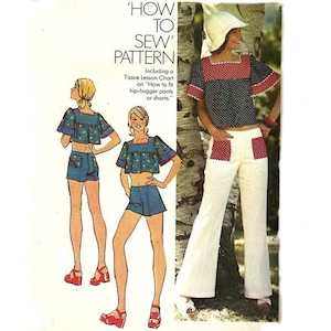 Misses&#39; 1970s Simplicity 6280 Midriff Top In Two Lengths, Low Rise Pants And Shorts Sewing Pattern