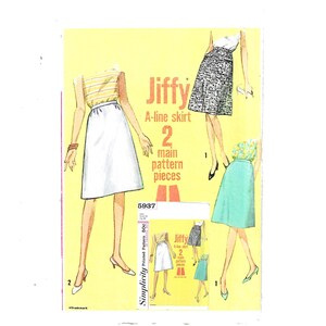 May include: Vintage Simplicity sewing pattern 5937 for a Jiffy A-line skirt. The pattern includes two main pieces and is printed on yellow paper with illustrations of women wearing the skirt.