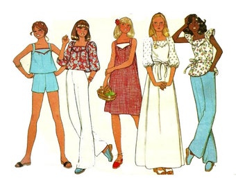 1970s Vintage McCall's 5595 Boho, Hippie Style Sewing Pattern, Crop Top With Shorts, Summer Dress, Puffed Sleeve Crop Top