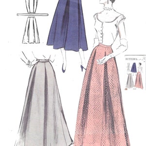May include: A vintage sewing pattern for a skirt with three different styles. The pattern shows a skirt with a high waist and a full, flowing silhouette. The skirt is shown in three different colors: blue, pink, and gray.