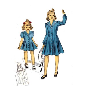 May include: A vintage illustration of two girls wearing blue dresses with white collars and buttons. The girl on the left is wearing a shorter dress with puffed sleeves and the girl on the right is wearing a longer dress with long sleeves. Both girls have blonde hair and are wearing white shoes.