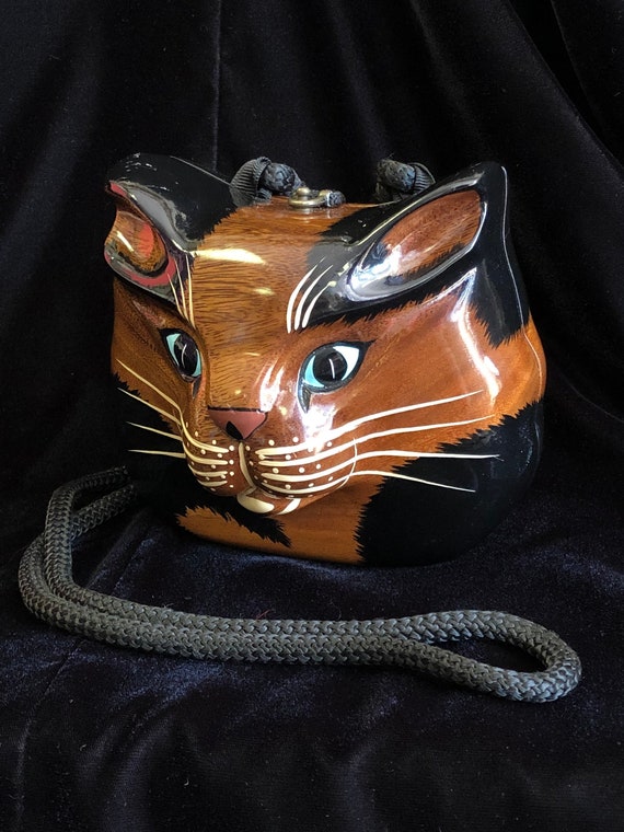 Timmy Woods Cat Kitty Purse Carved Wood Shoulder B