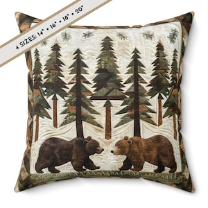 Rustic Bear Pillow & Cover: Pine Forest Quilt-Style Print Farmhouse Decor