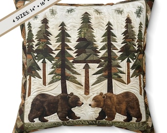 Rustic Bear Pillow and Cover: Pine Forest Faux Quilt Farmhouse Decor