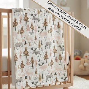 Moose Forest Fleece Baby Blanket: Rustic Cabin Nursery Decor
