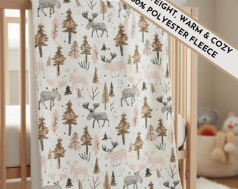 Moose Forest Fleece Baby Blanket: Rustic Cabin Nursery Decor