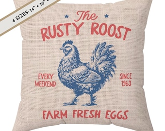 Chicken Farm Fresh Eggs Throw Pillow: Burlap Farmhouse Decor