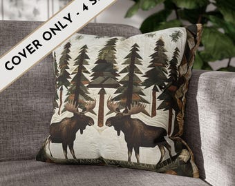 Rustic Moose Cover: Pine Forest Quilt-Style Print Cabin Farmhouse Decor