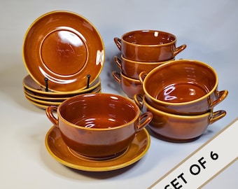 Tazze da zuppa rustiche in gres smaltate marroni (8 oz) e piattini abbinati - Set da 6 (AF#216)