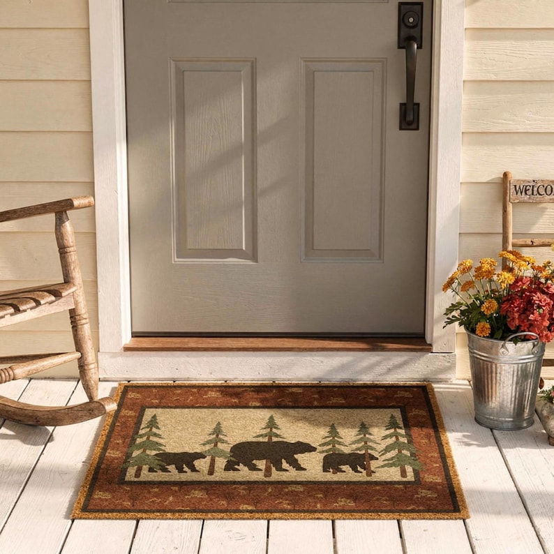 Rustic Bear & Pine Entrance Mat | Grade A Tufted Coir Coconut Fiber Doormat imagen 3