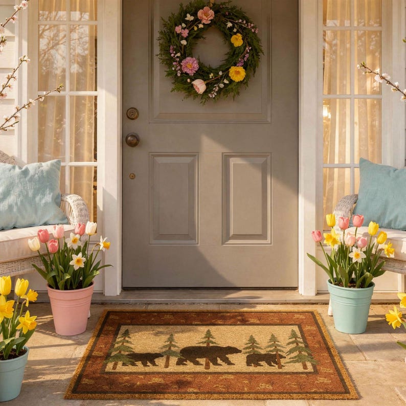 Rustic Bear & Pine Entrance Mat | Grade A Tufted Coir Coconut Fiber Doormat imagen 8