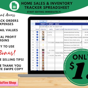 May include: A laptop screen displaying a spreadsheet with the title "Home Sales & Inventory Tracker Spreadsheet". The spreadsheet includes columns for "Profit", "Spent", "Sold", "Item", "Pic", "Date", "Thrift Store", "Item Description/Pic", "Investment", and "Approx. Value". The spreadsheet is filled with data and images of various items. The text "ONLY $1!" is superimposed on the image.