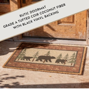 Rustic Bear & Pine Entrance Mat | Grade A Tufted Coir Coconut Fiber Doormat imagen 1