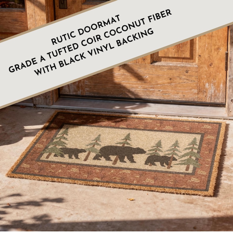 Rustic Bear & Pine Entrance Mat | Grade A Tufted Coir Coconut Fiber Doormat imagen 1