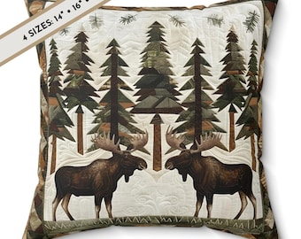 Rustic Moose Pillow & Cover: Pine Forest Quilt-Style Print Cabin Farmhouse Decor