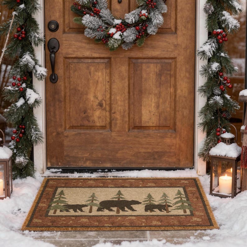 Rustic Bear & Pine Entrance Mat | Grade A Tufted Coir Coconut Fiber Doormat imagen 5