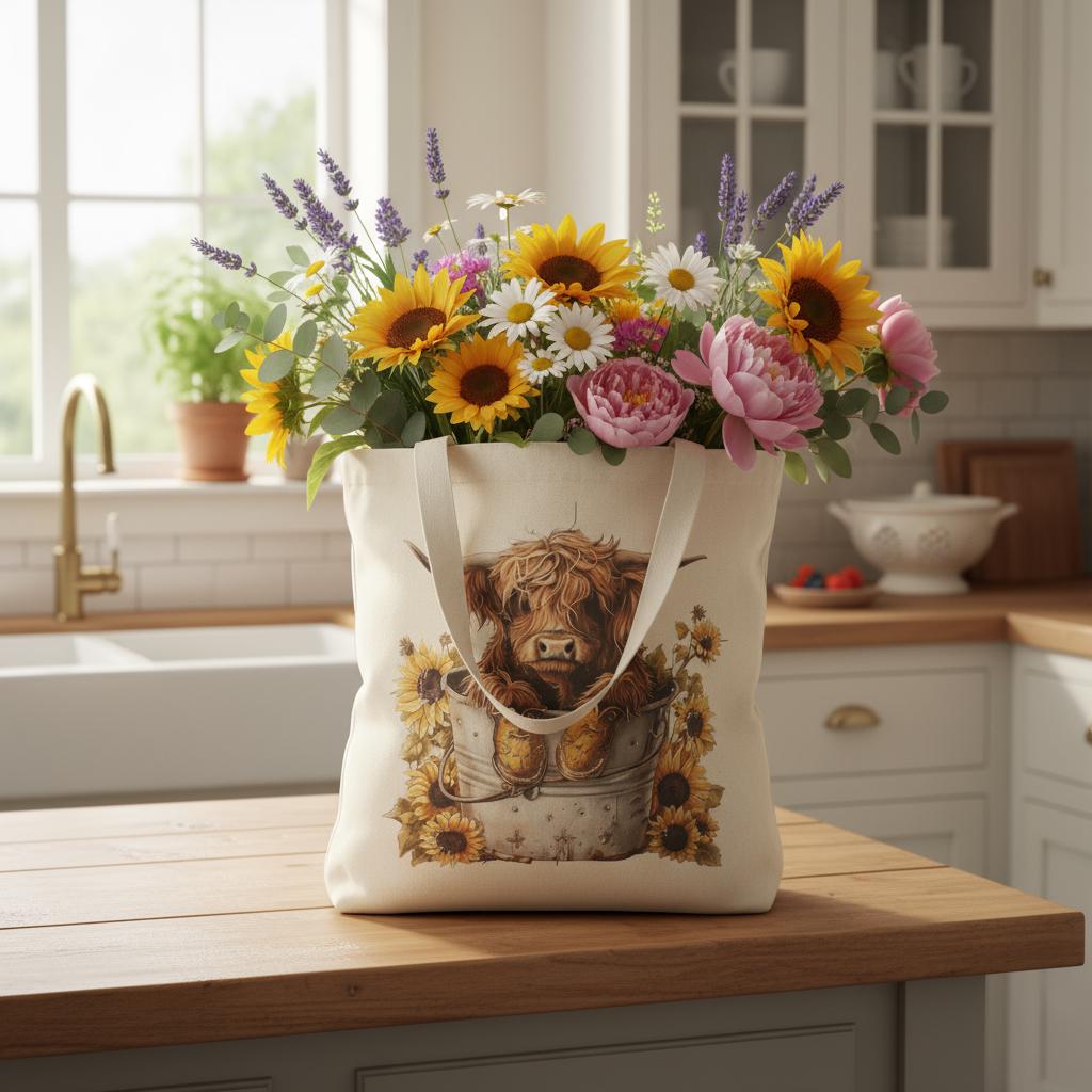 Veqzc Sunflower Highland Cow Canvas Tote Bag - Cute Western Cow Print Reusable Shopping Bag