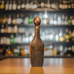 Vintage Italian Brown Leather Wrapped Covered Green Glass Wine Bottle Decanter Coat of Arms Shield Bar Rustic Retro Decor Present Gift Idea