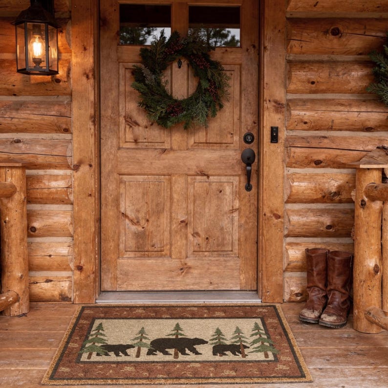 Rustic Bear & Pine Entrance Mat | Grade A Tufted Coir Coconut Fiber Doormat imagen 4