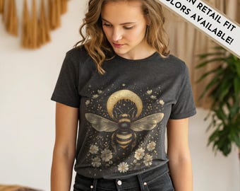 Vintage-Style Celestial Floral Print Tee: Bee Moon Stars Boho T-Shirt