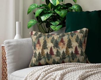Rustic Forest Lumbar Pillow: Farmhouse Pine Tree Printed Design