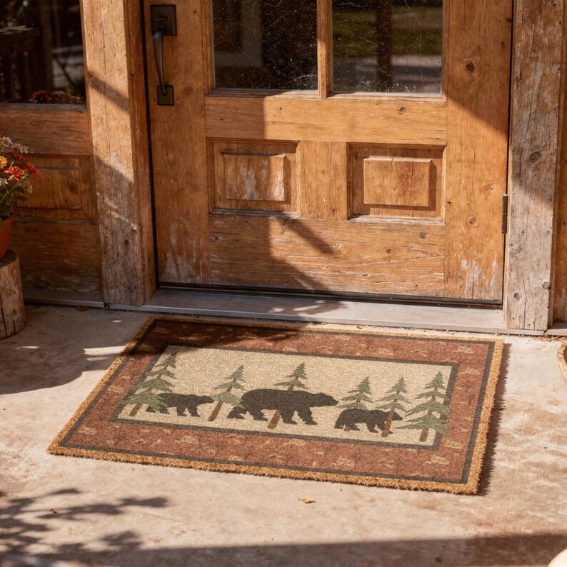 Rustic Bear & Pine Entrance Mat | Grade A Tufted Coir Coconut Fiber Doormat imagen 6