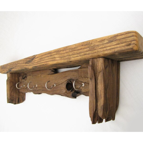 Driftboard Wall Shelf with Hooks - reclaimed wood or upcycled driftwood shelves