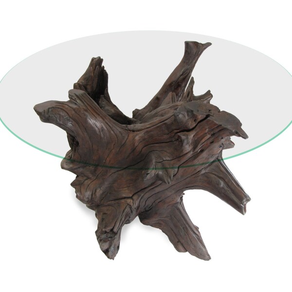 Walnut Coffee Table - Driftwood Root Glass Top Table Base - Natural Wood Rustic Log Furniture