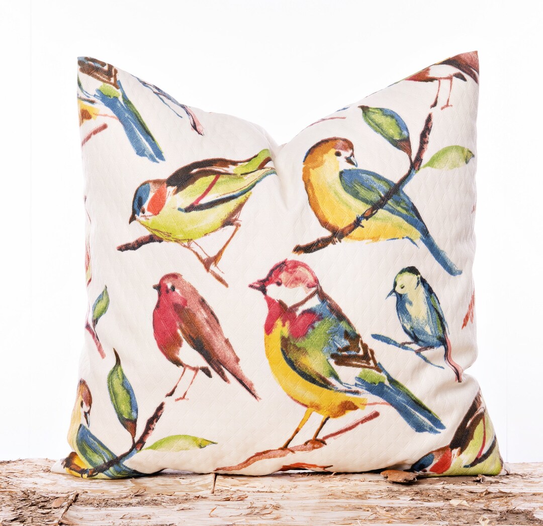 Birds Pillow Cover, Outdoor Bird Pillow, Red, Yellow, Blue, Green