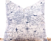 Navy Blue Pillow Covers, Throw Pillows, Pillow Slipcover, Cushions, Sofa Pillows, Nautical Map, 18 x 18"