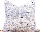 Navy Blue Pillow Covers, Throw Pillows, Pillow Slipcover, Cushions, Sofa Pillows, Nautical Map, 18 x 18"