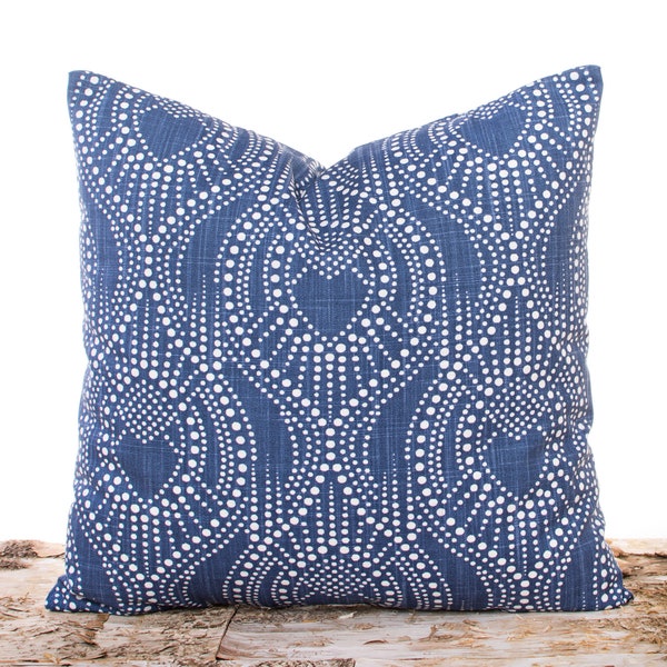 Blue and White Geometric Cotton Pillowcase, art deco print for a sofa or bed, Blue geometric print fabric with white dots, Cushion Covers