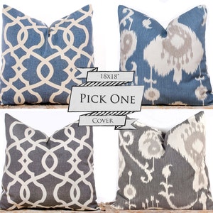 Ikat Pillows, Blue Throw Pillows, Gray Cushion Covers, Decorative Lattice Pillows, Pillow Pairs, 18 x 18"