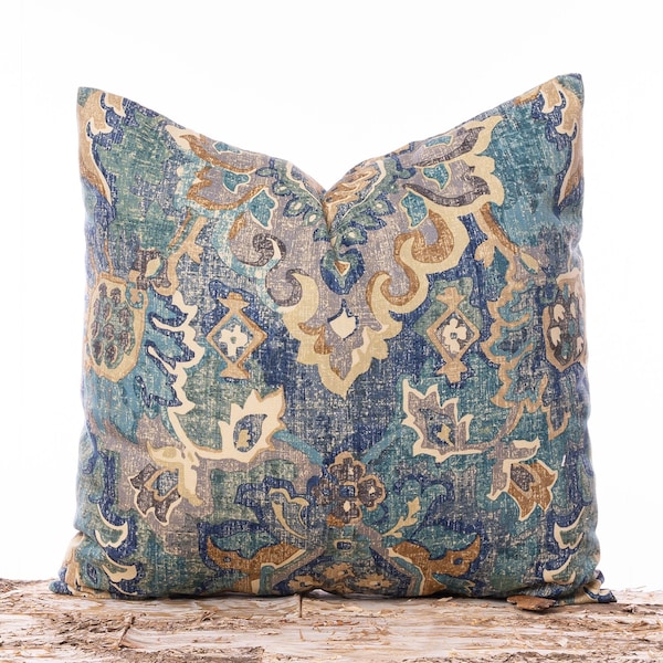 Teal faux tapestry pillow, Kilim pillow cover, Faded pillow, Damask fabric, Cream, Gold, Brown, Traditional pillows, Persian pillows