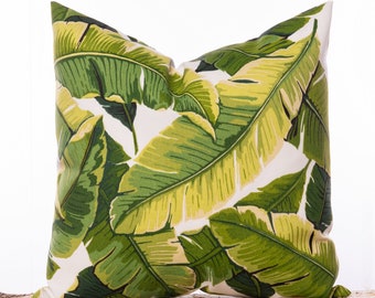 Outdoor palm leaf pillow, Beverly Hills Hotel, Palm leaf decorative pillow, Tropical, Banana leaf pillow cover, Dark green, Light green