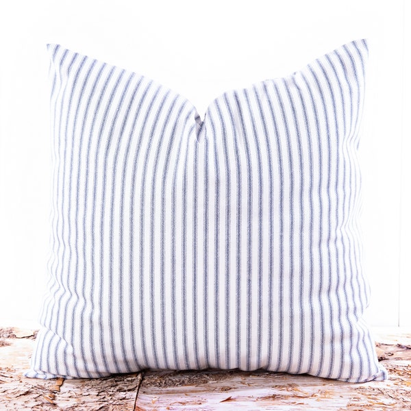 French Stripe Pillow Cover - Blue and White Stripes Throw Pillow - Farmhouse Decor - Navy Ticking Stripe Fabric - Soft Cotton Pillow Covers