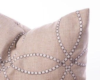Neutral pillows, Woven pillow, Natural embroidered circles pillow, Tan linen fabric, Metallic silver detail, Linen pillow, Farmhouse pillows