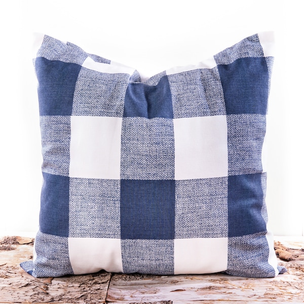 Blue Gingham Pillow Cover - Plaid Throw Pillows - Farmhouse Decor - Plaid Fabric - Blue and White- Picnic Throw Pillow