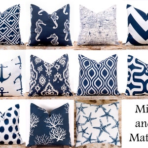 Navy Throw Pillows, Ikat Pillow Covers, Polka Dots, Nautical, Cushion Covers, Mix and Match, 18 x 18"