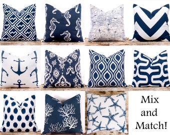 Navy Throw Pillows, Ikat Pillow Covers, Polka Dots, Nautical, Cushion Covers, Mix and Match, 22 x 22"