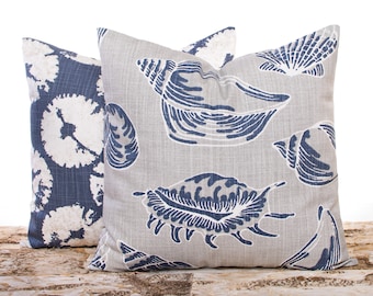 Dark blue sand dollar and sea shells throw pillow covers elegant designer fabrics that feel like they are made with linen