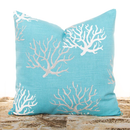 Aqua Blue Throw Pillows Nautical Pillowcases Coral Pillows Etsy