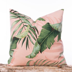 Outdoor pink Tommy Bahama palm leaf pillow, Beverly Hills Hotel pillow, Green banana leaf pillow cover, Light pink, Tropical throw pillow