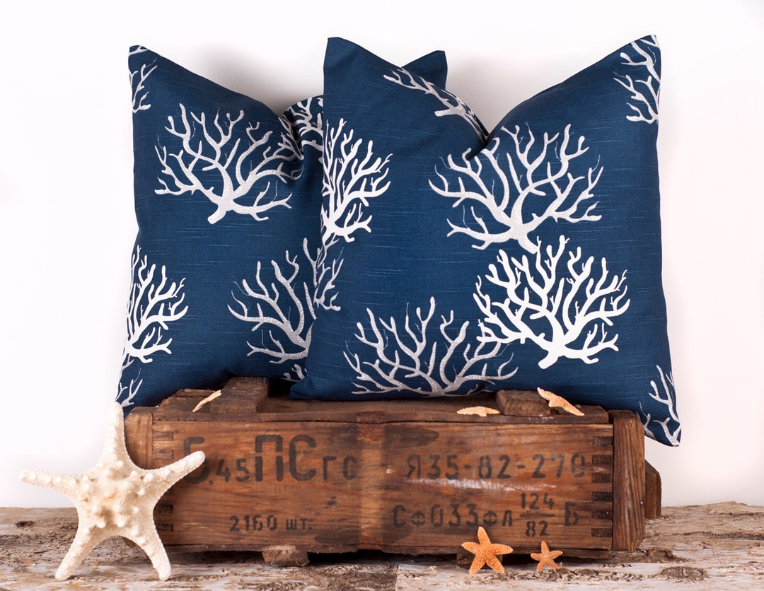 Decorative Beach Pillows, Navy Coral Pillow Covers, Beach Decor