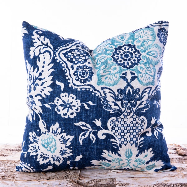 Navy and aqua damask print pillow cover with cream accents that would be perfect for farmhouse victorian or many other home decors