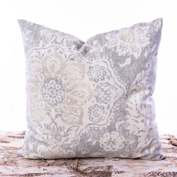 Light gray farmhouse damask pillow cover with cream and tan accent colors makes the perfect elegant decor for your home, nice quality fabric