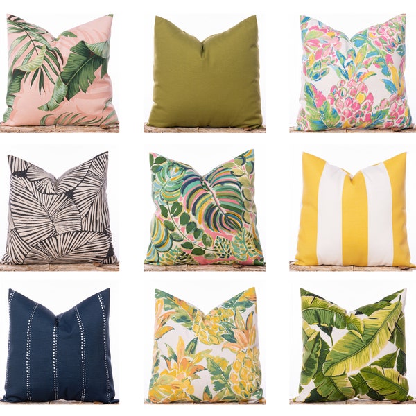 Beverly Hills Hotel pillows, Outdoor pillow covers, Tommy Bahama palm leaf pillows, Pink outdoor pillows, Navy pillow, Yellow pineapple